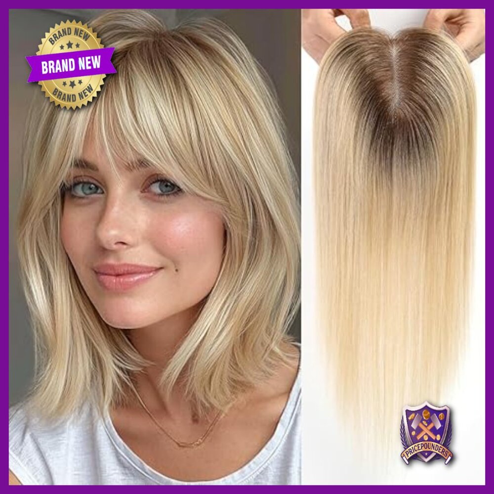 Human Hair Topper with Bangs, Hand-Woven Free Part, 4x4.8 Inch Base